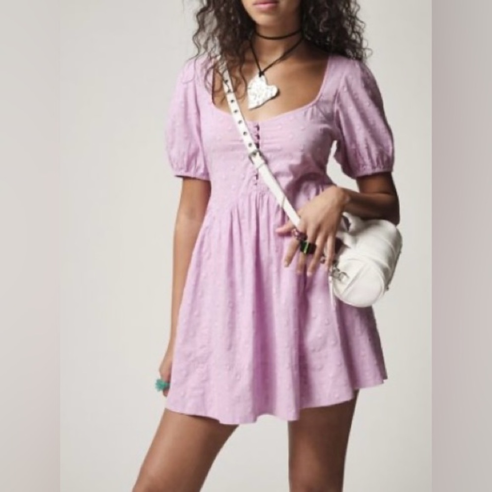 Urban Outfitters UO Maci Polka Dot Mini Dress Puff Sleeve Lilac
Medium New